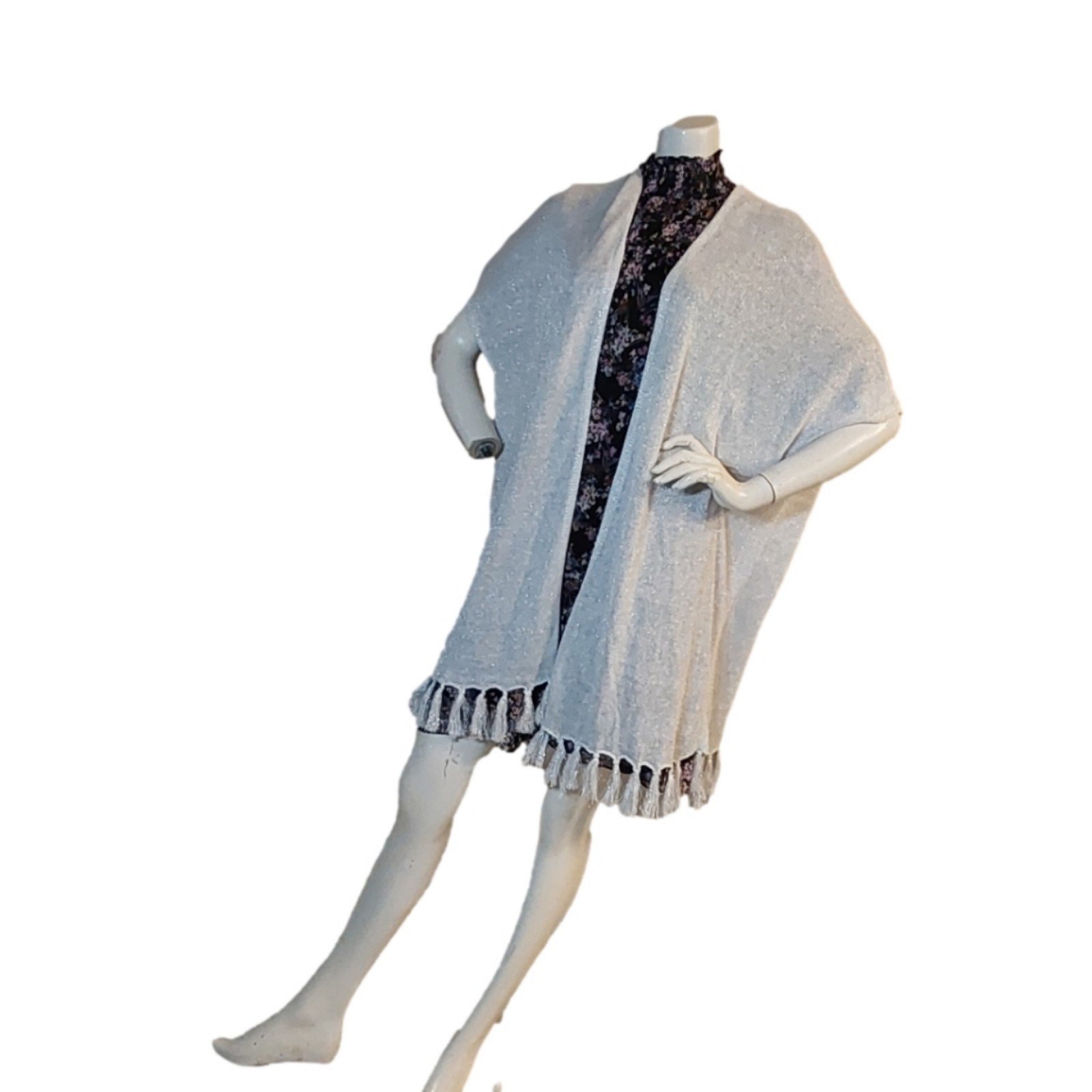 TOMMY BAHAMA NWT SHIMMER LEA FRINGE 714- SILVER CARDIGAN SIZE S/ M