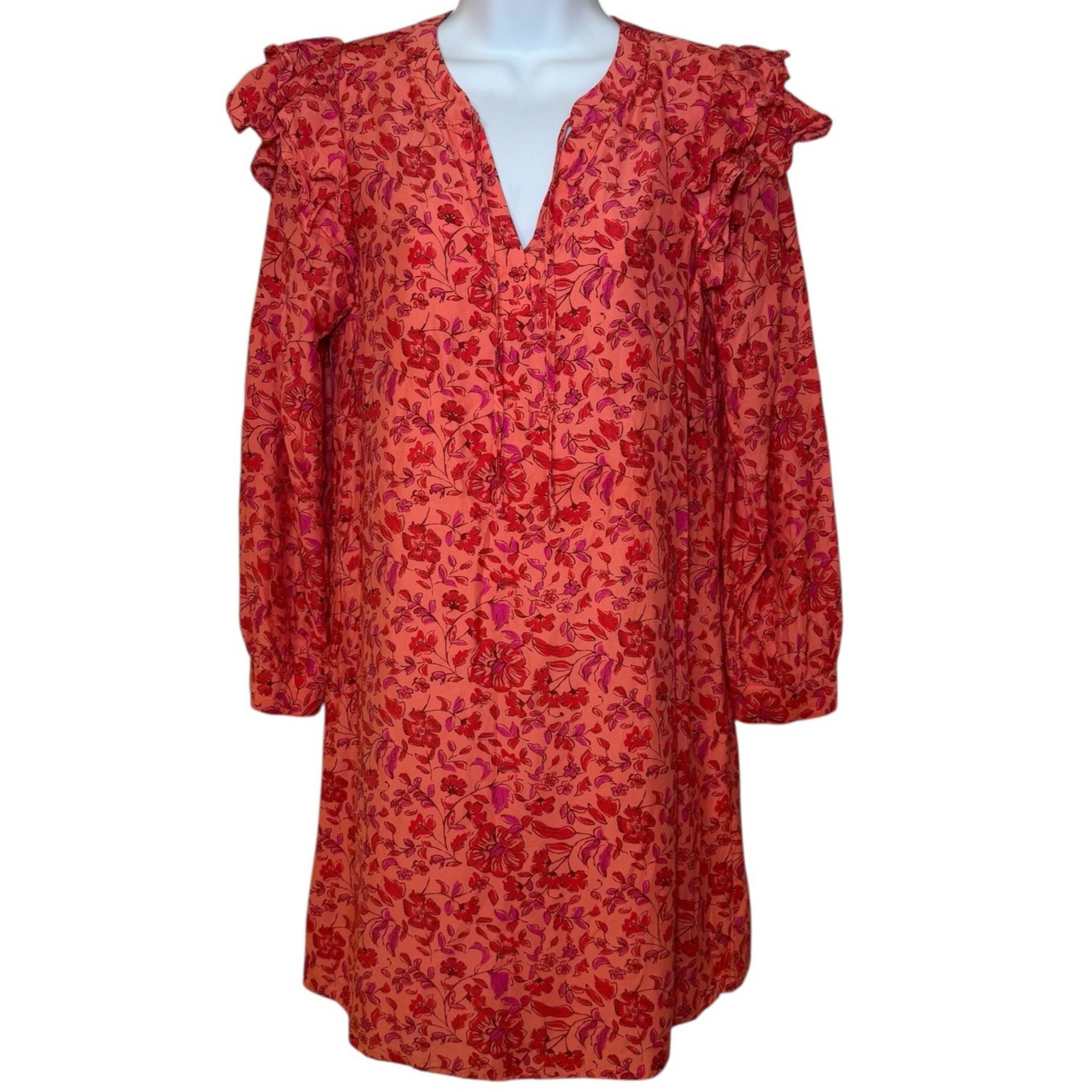 Vineyard Vines Helenium Floral Tunic Dress Women's XS Ruffle Long Sleeve