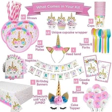 Unicorn Birthday Supplies With Headband, tableware, balloons and more