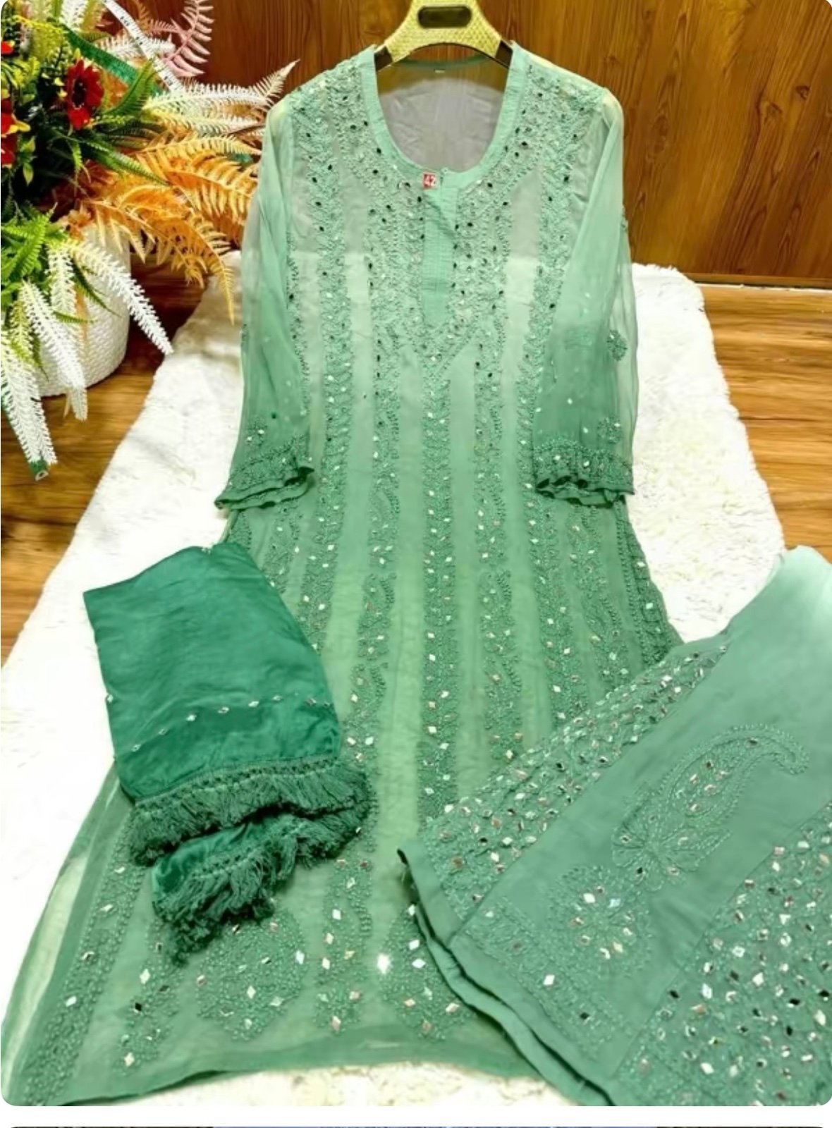 Chikankari Suit with Mirror Work, Inner Pants & Dupatta - Green, Elegant