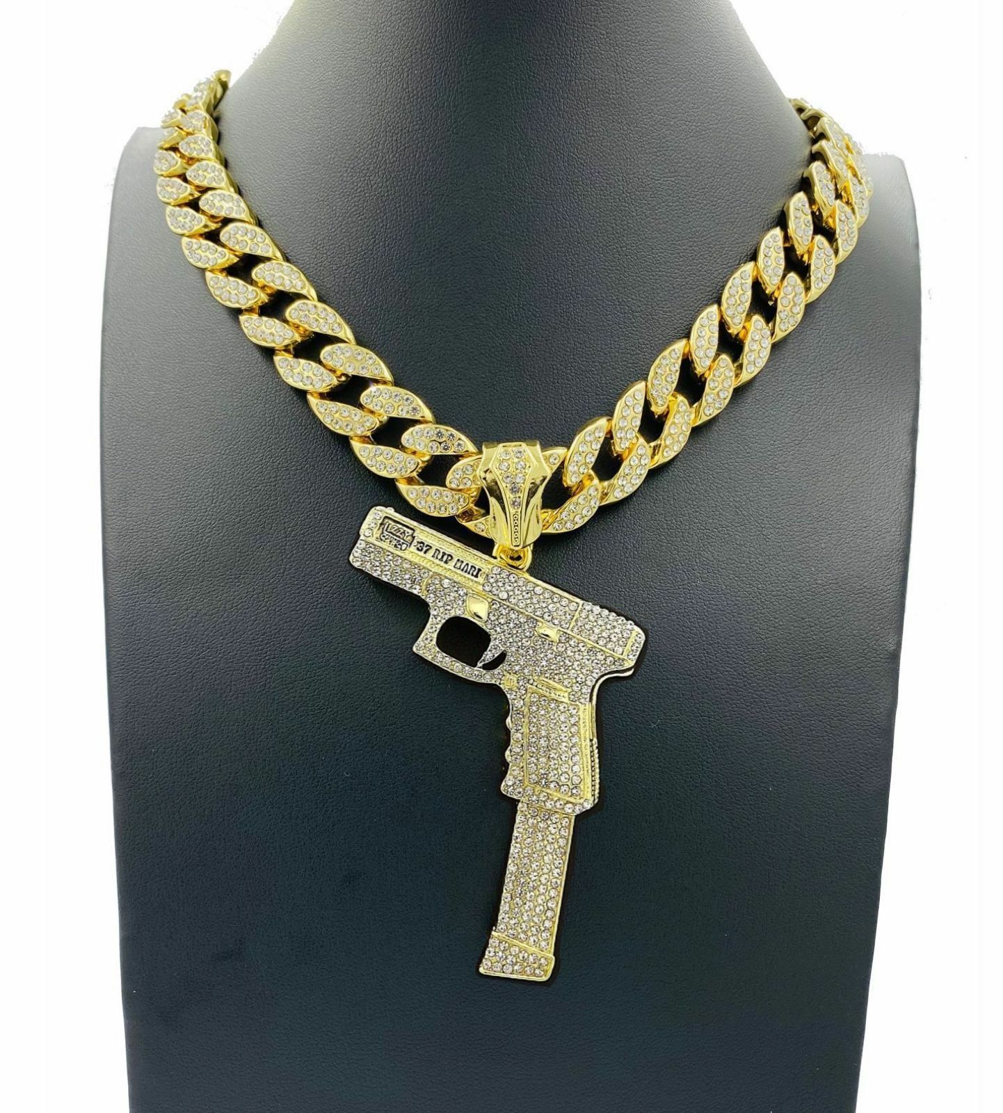 MENS ICED GUN PENDANT & 15mm MIAMI CUBAN CHOKER NECKLACE HIP HOP
