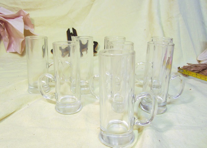 UNIQUE VTG SHOT GLASSES SET OF 8 CLEAR, TALL W/HANDLE
