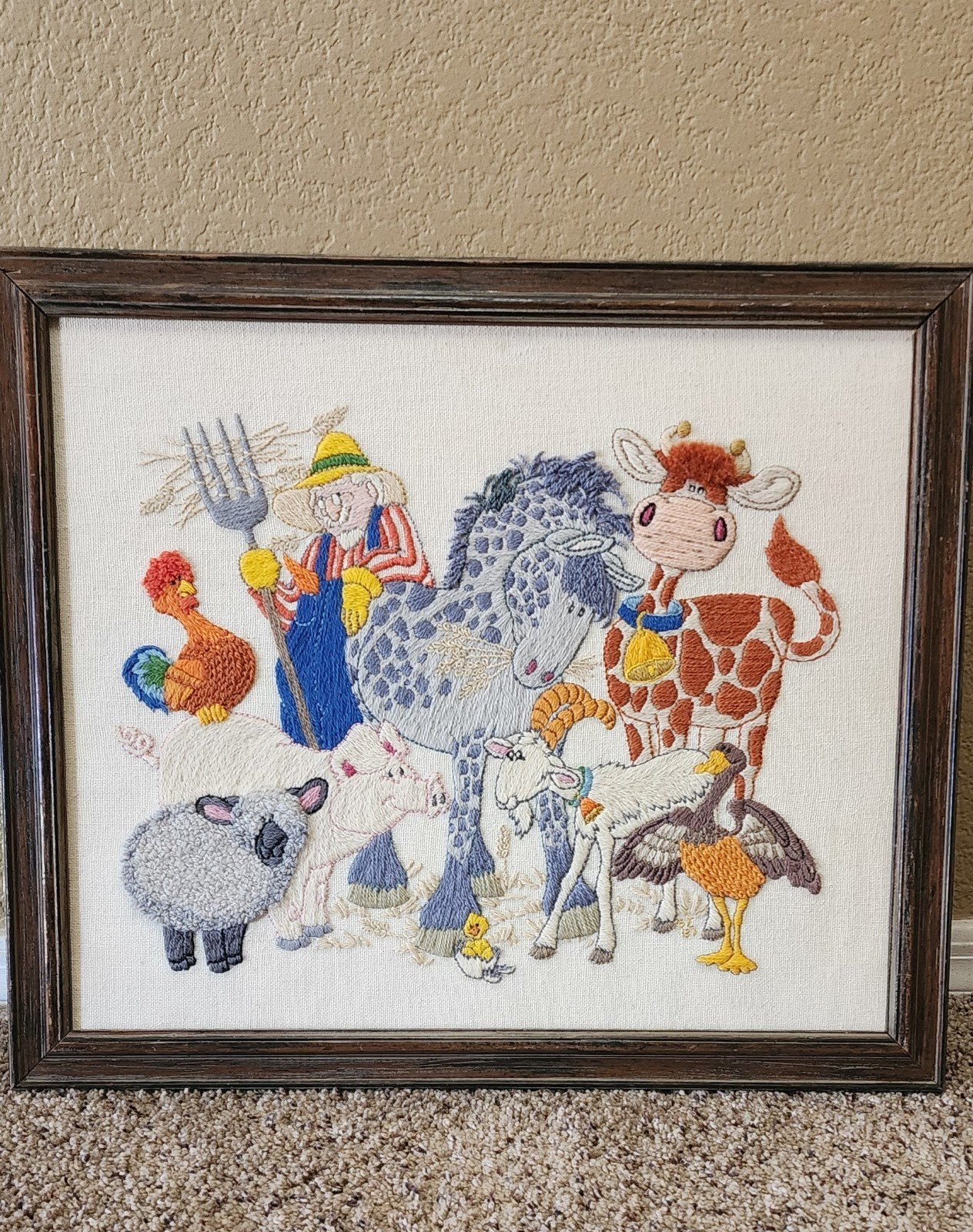 Crewel Embroidery Old MacDonald Farm Animals Wall Picture Framed Cow Horse Pig