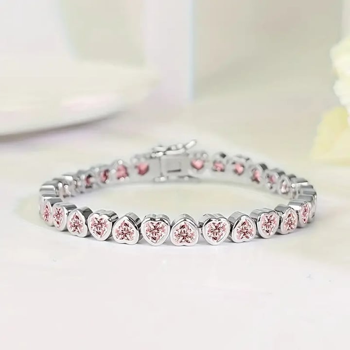 Solid Silver 7 Womens 2ct Pink Diamond Heart Tennis Bracelet Ladies NEW Jewelry