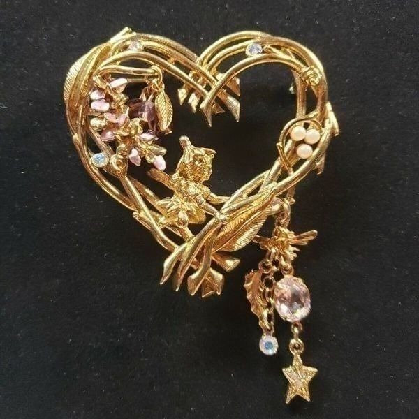 Vintage Signed Kirks Folly Fairy Wisteria Heart Gold Tone Rhinestone Brooch Pin