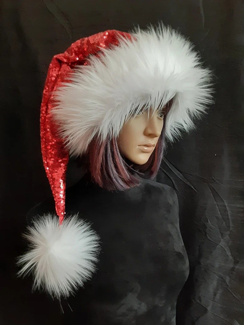 Sexy red sequined Santa hat with fluffy white trim