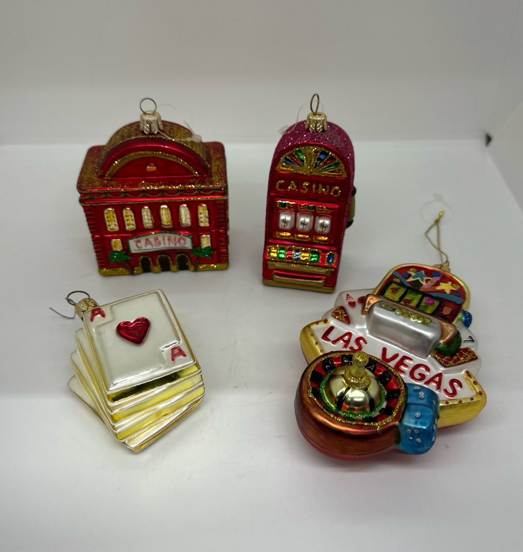 Casino Las Vegas Gambling Slot Machine Blown Glass Ornaments - set of 4
