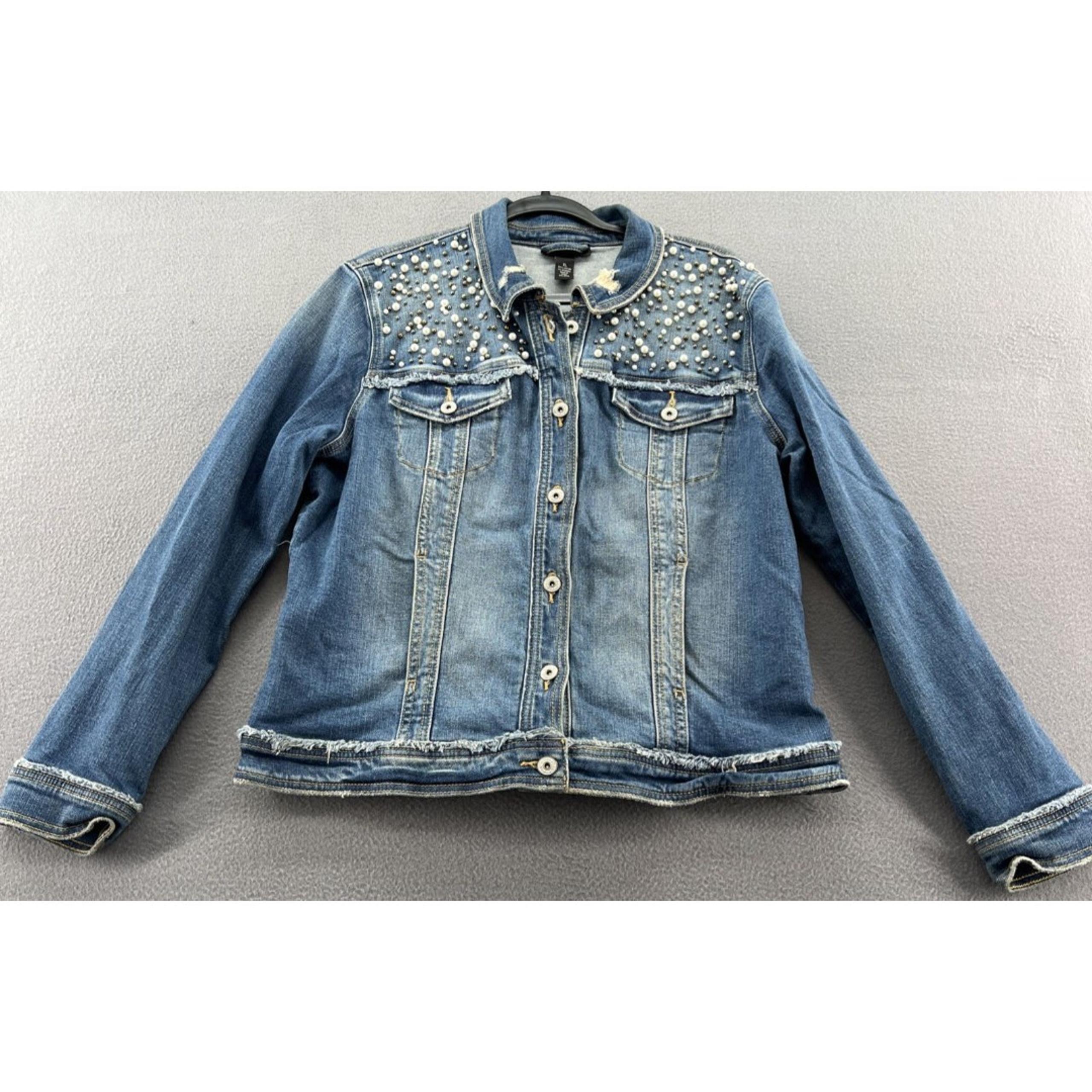 INC International Concepts Jean Jacket Womens XL Embellished Denim Pearls Studed