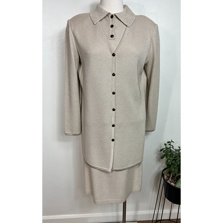 St. John Womens Tan Three Piece Button Up Knit Set Size 6 8 Sparkle Quiet Luxury