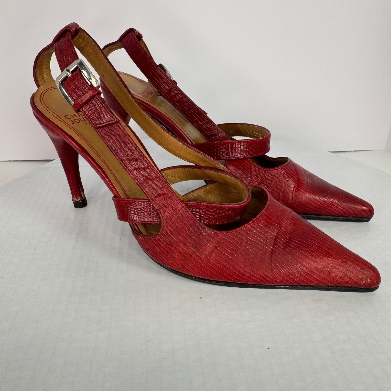 Charles Jourdan Red Leather Slingback Heels Vintage Pointed Toe Sz 7 Old Money