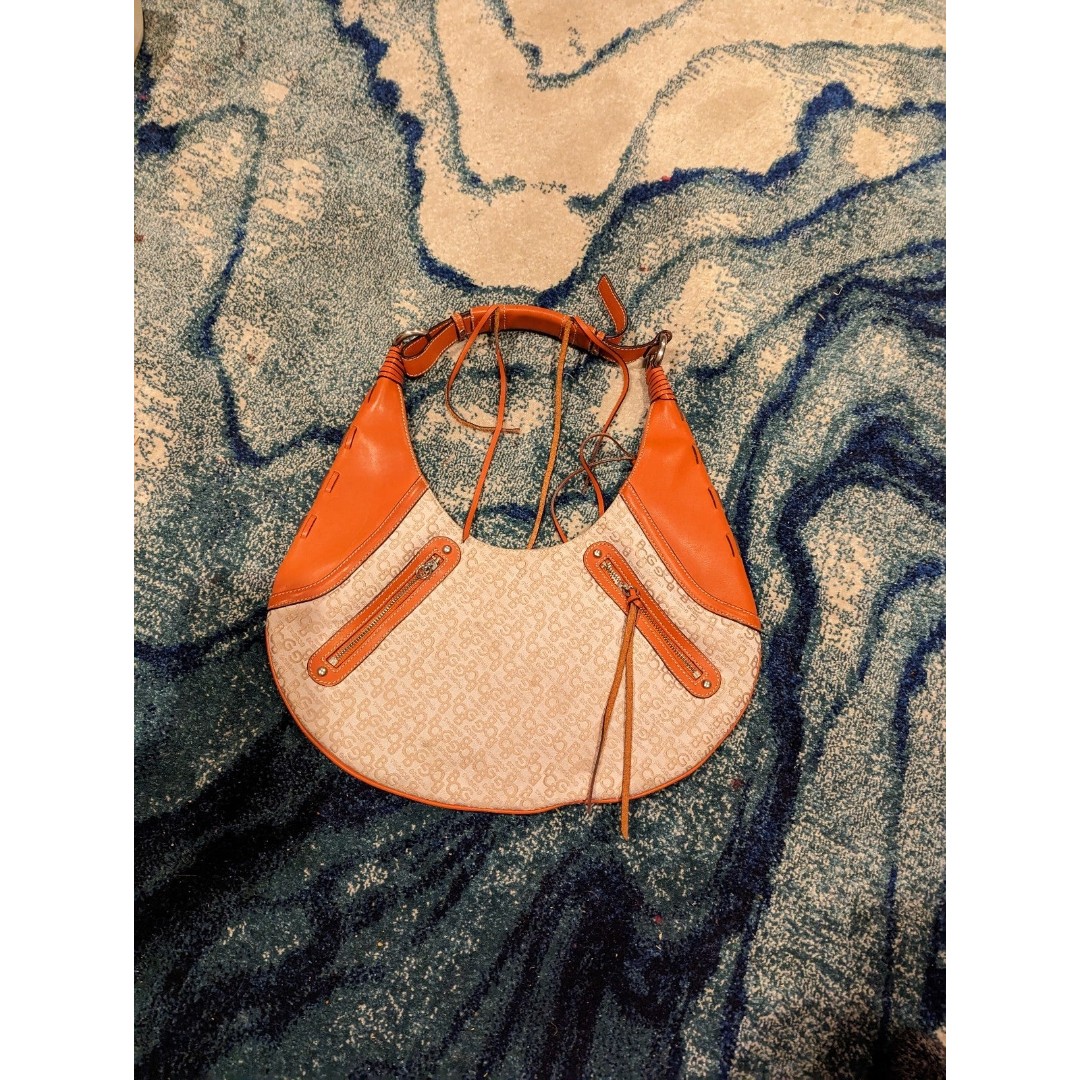 BCBGirls Retro Canvas Brown and Orange Leather hobo purse bag