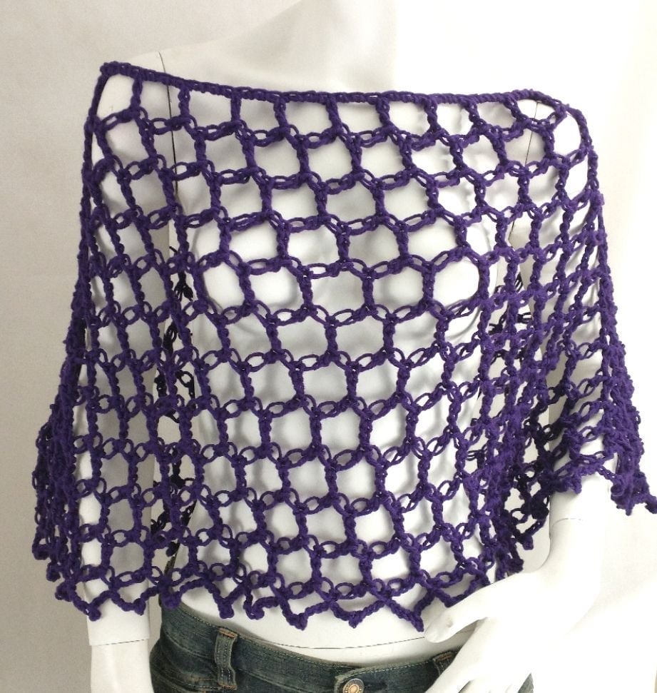 Poncho Cape Lace Cover up Handmade Purpl