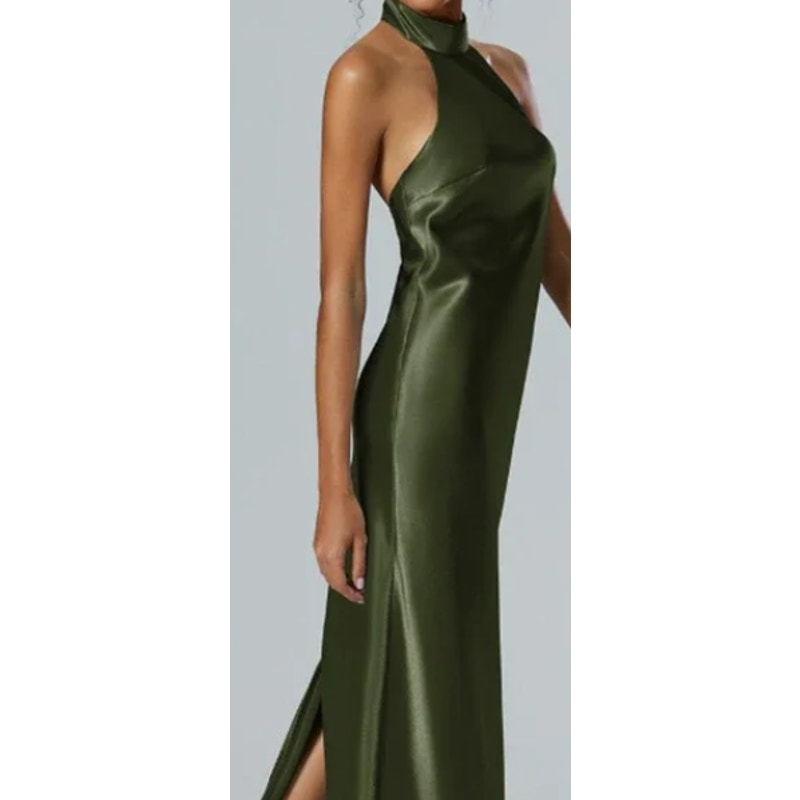 FORMAL PARTY AW BRIDAL 2 XS Green Olive halter satin prom maxi dress NEW B126