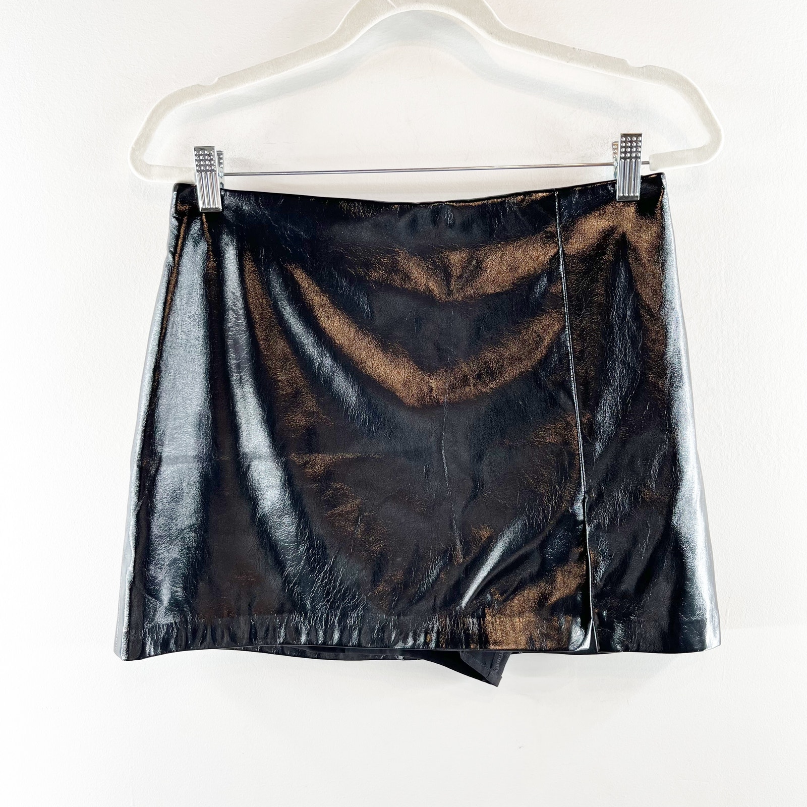 Amanda Uprichard High Shine Faux Leather Mid Rise Dale Mini Skort Black Medium