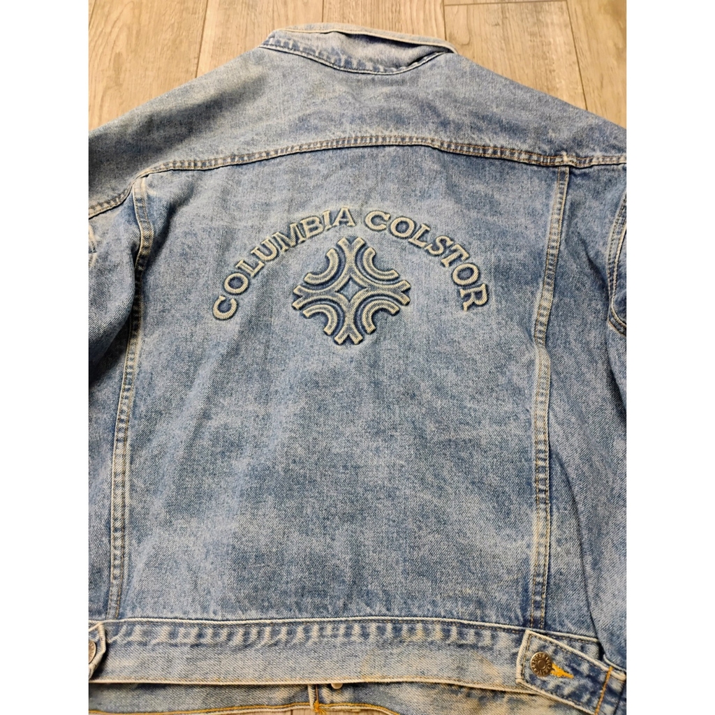 VTG Embossed Jacket Mens XL Button Denim Blue Jean Tyca USA Columbia Y2K Grunge
