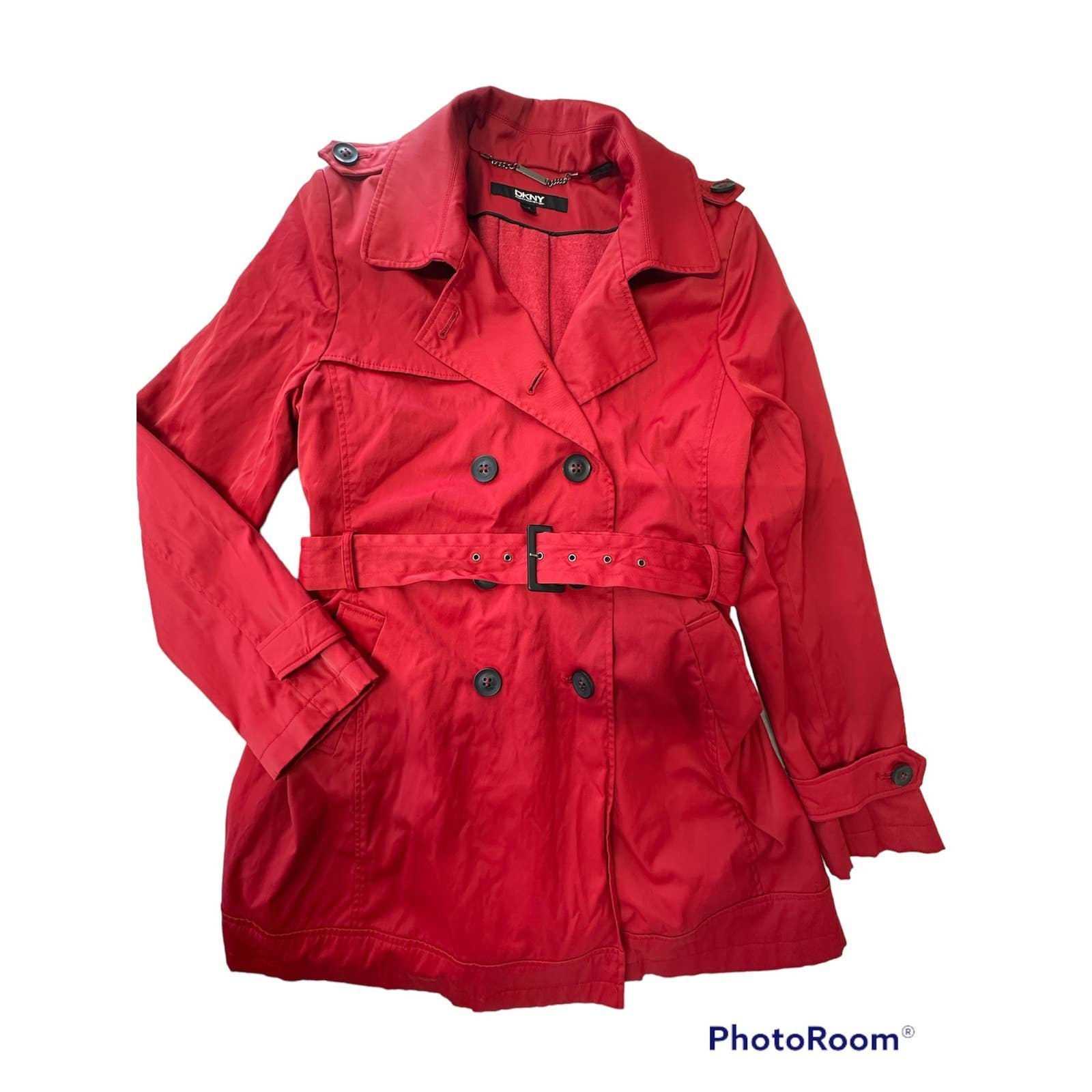 DKNY red nylon blend coat trench coat Women size L