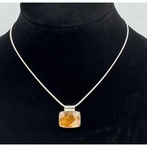 Vintage GFMW 925 Sterling Silver Agate Modernist Slide Pendant Snake Chain 16”