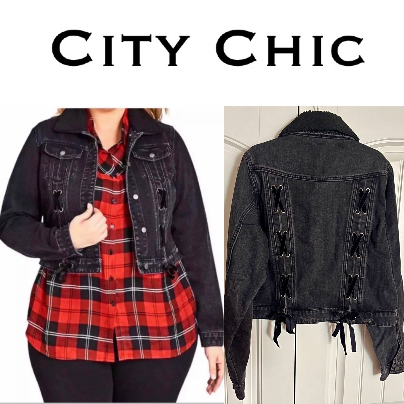 City Chic Black Denim Lace Up Jacket Plus Size 14 XS
