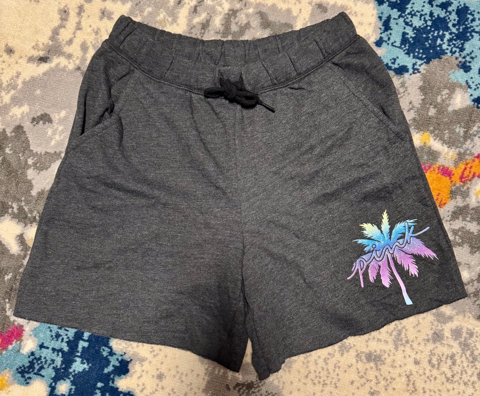 NWOT, Size Medium, PINK VS, Dark Gray / Tie Dye & Glitter Palm Tree, Dad Shorts