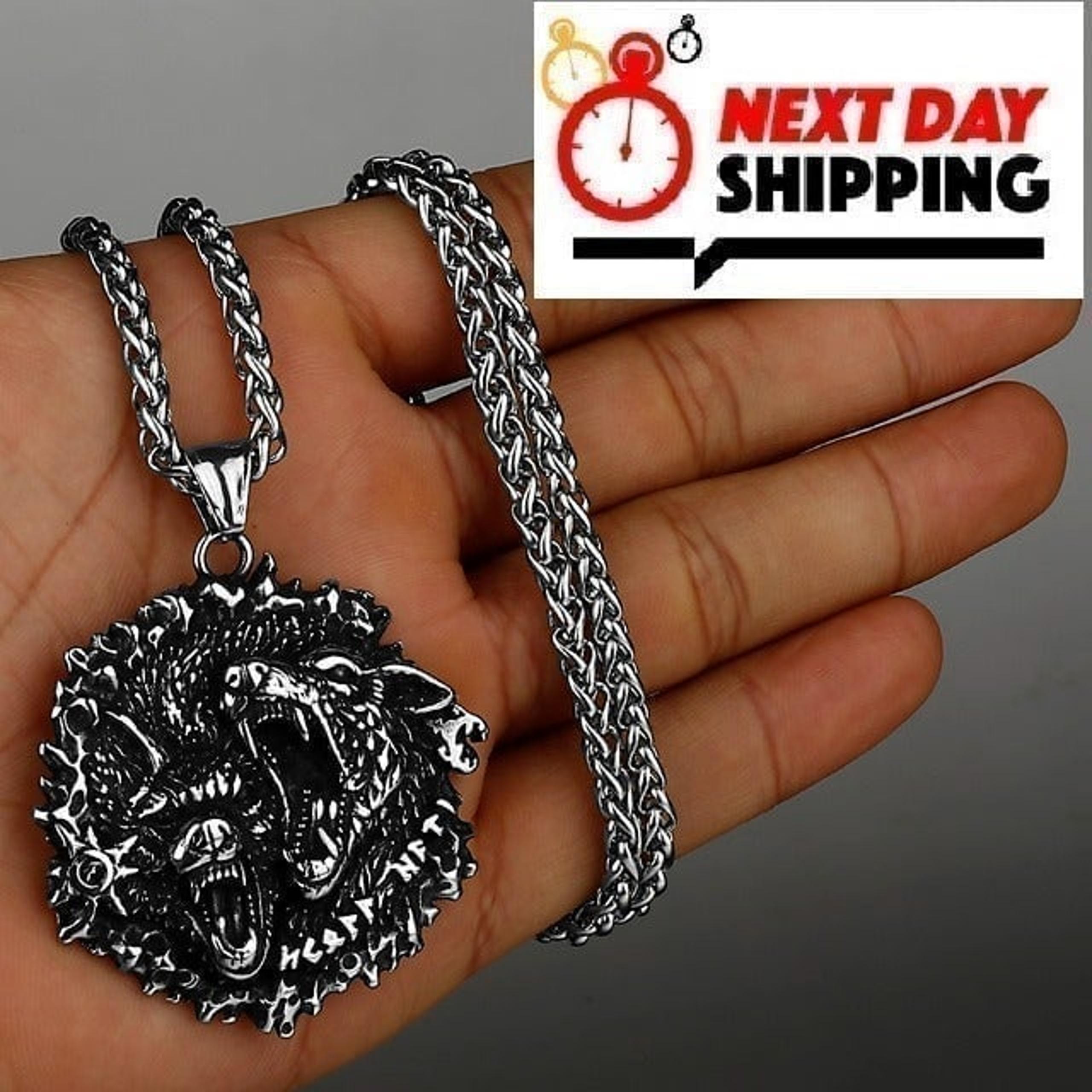 Wolf Head Runes Stainless Steel Unisex Pendant Necklace, GP1231300