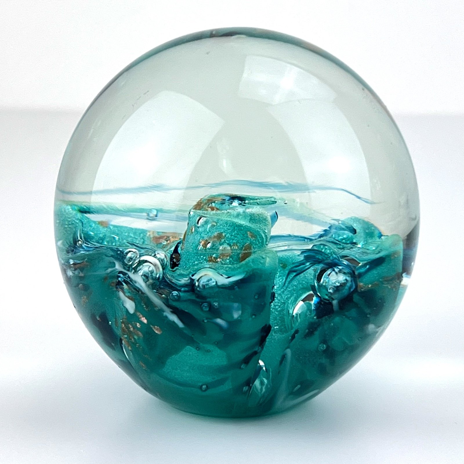 Blue Green Round Shaped Art Glass Paperweight by Roger Vines 1999