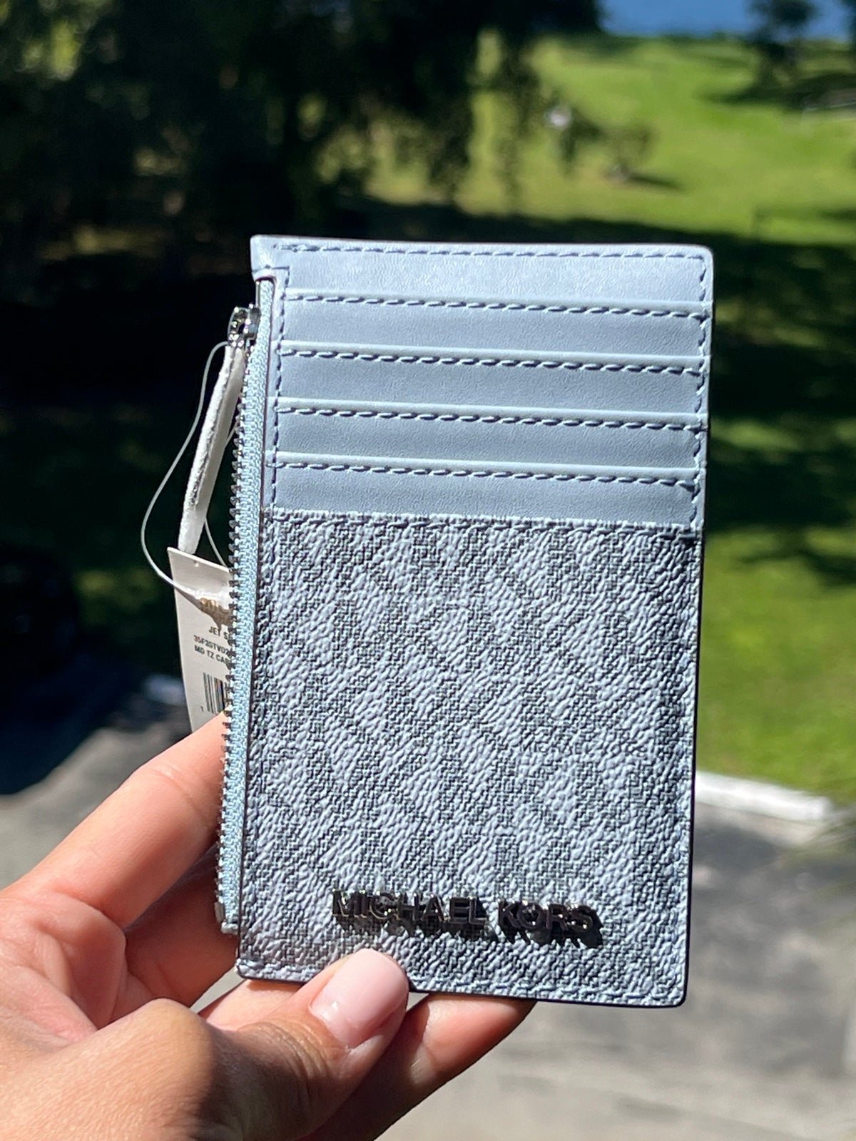 MICHAEL KORS LADIES JET SET TRAVEL TOP ZIP CARD CASE HOLDER WALLET PALE BLUE