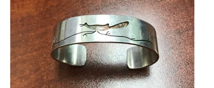 Vintage sterling silver southwest style roadrunner cactus cuff bracelet TEX