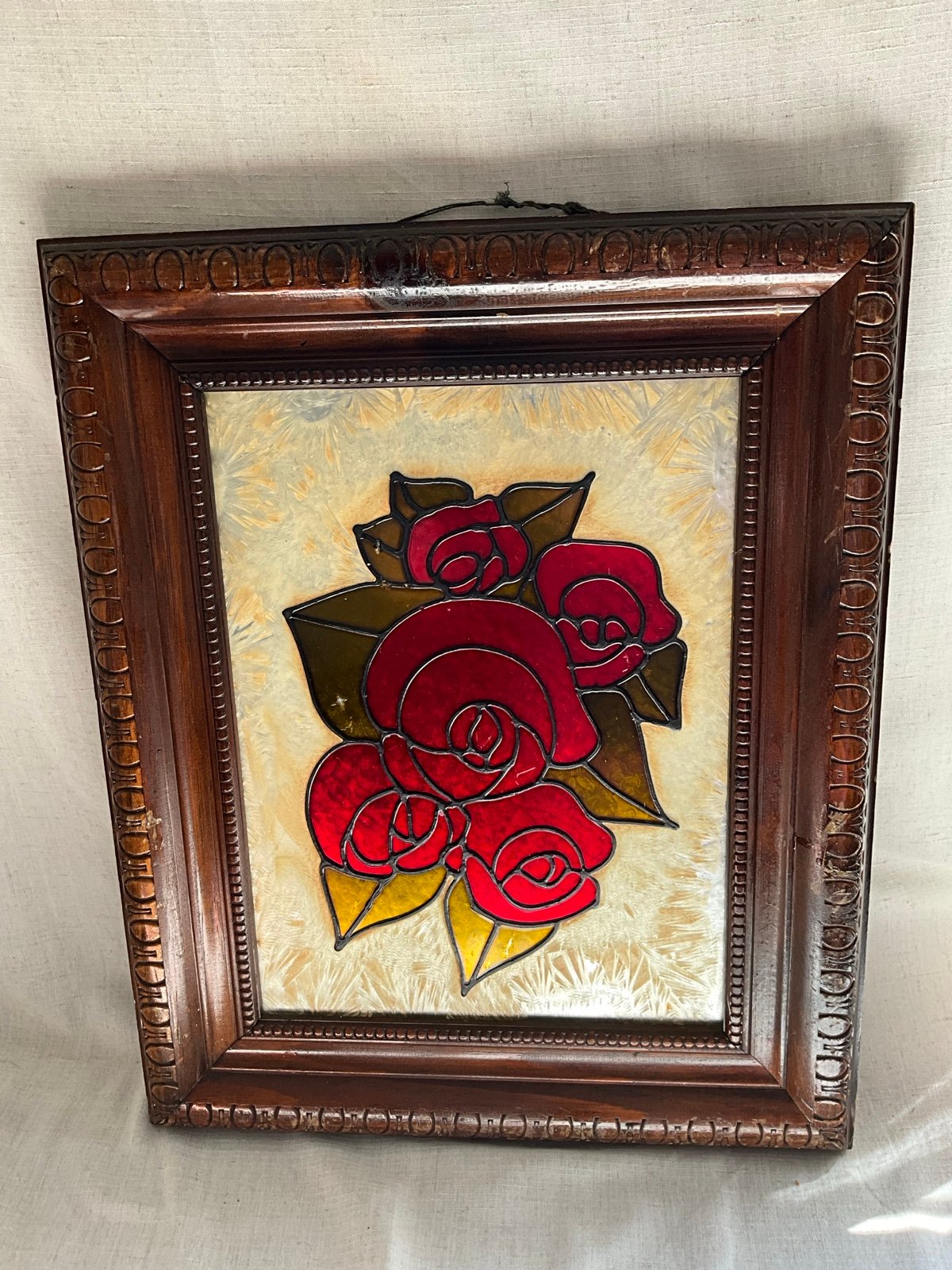Vintage Pair Of Stainglass Rose Pictures Wooden Frames