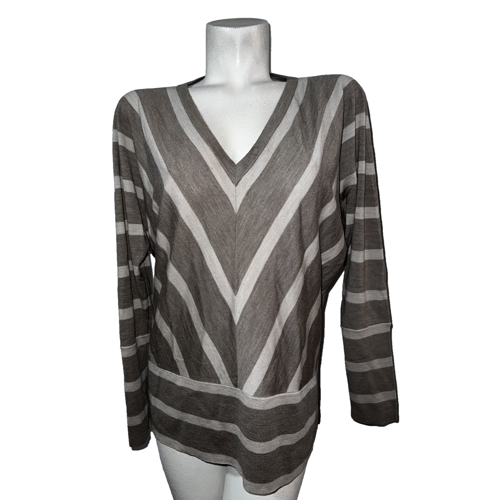 LAFAYETTE 148 New York Sweater Women's Size L Brown V-neck Chevron Wool Knit Top