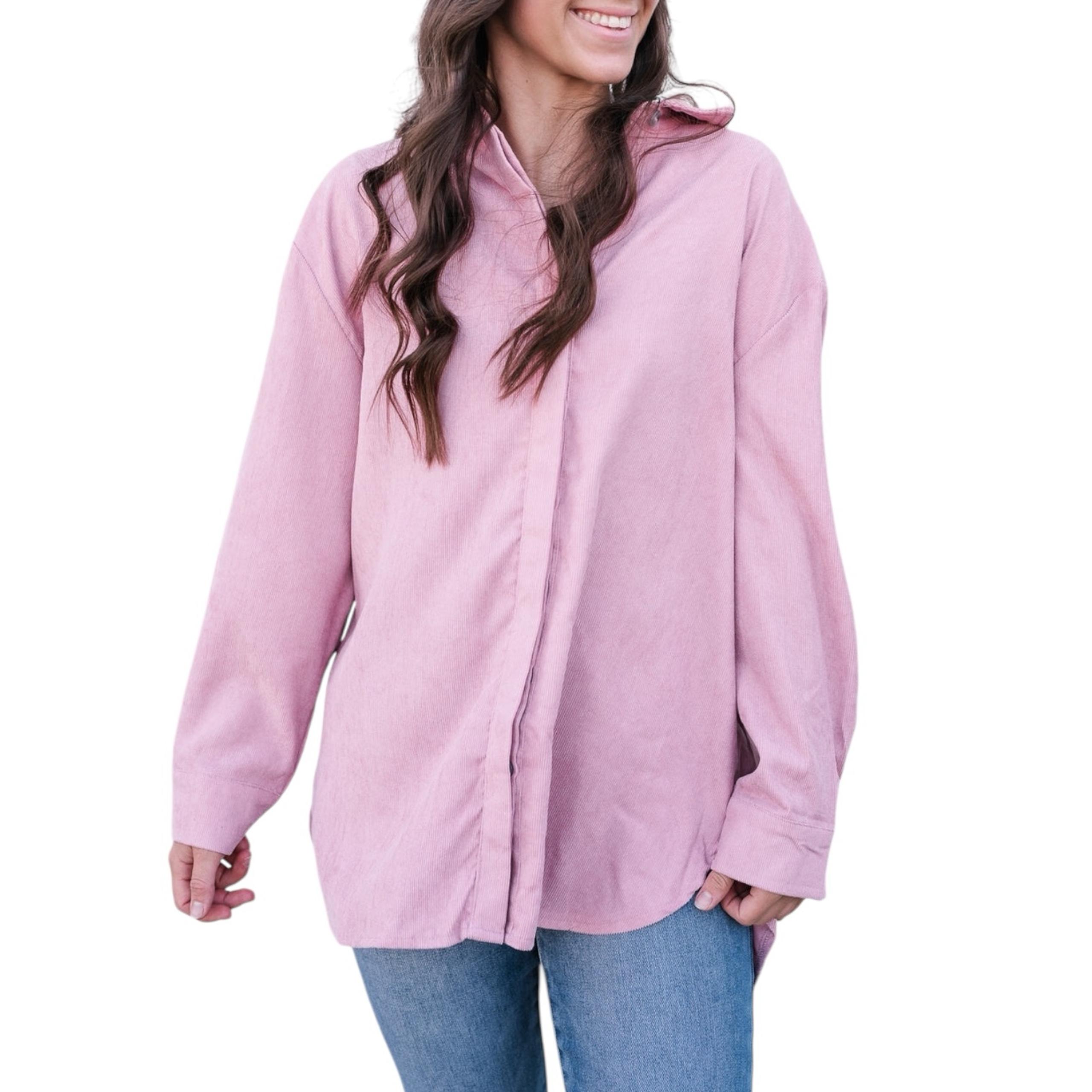 BOUTIQUE LIKE LOVE Women’s Pink Corduroy Button Down Shirt Jacket Shacket Sz M