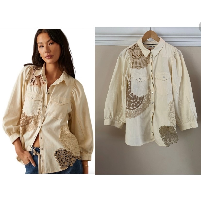 Anthropologie Pilcro Eyelet Lace Buttondown | Cream / Tan | XL | NWT