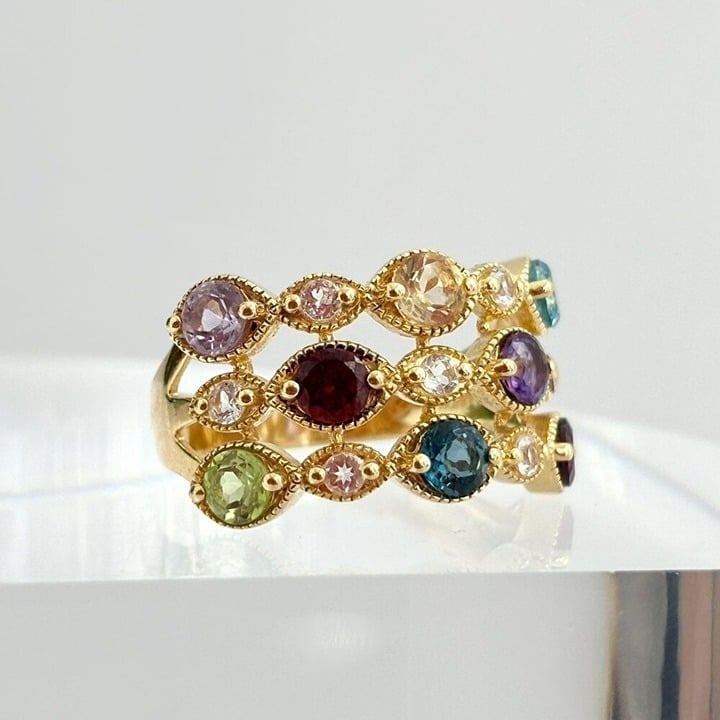 Muilti Gemstone Round Cut Gold Vermeil Over Sterling Silver Vintage Ring - sz 9