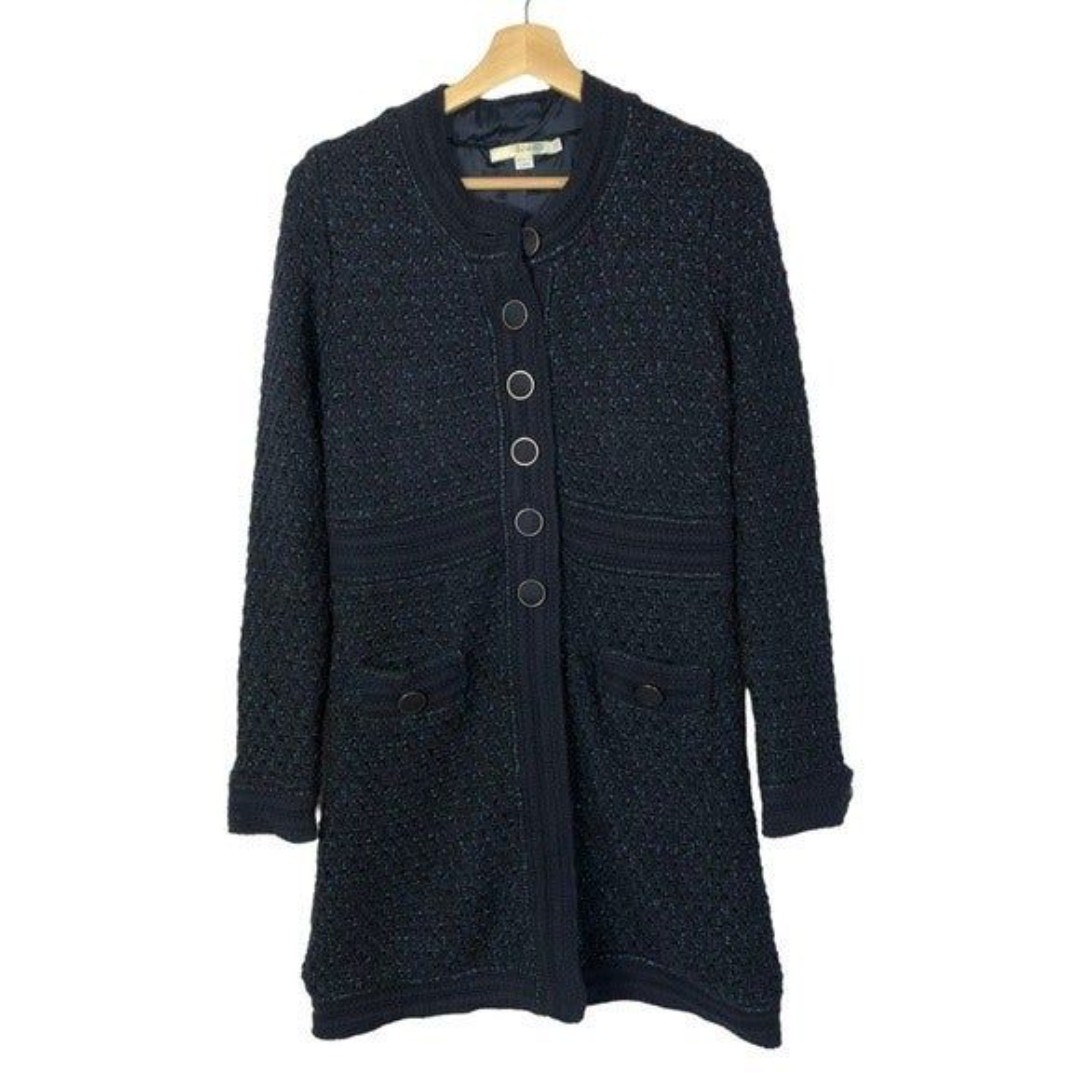 Boden Navy Blue Tweed Button Front Mid Length Lady Day Jacket 8
