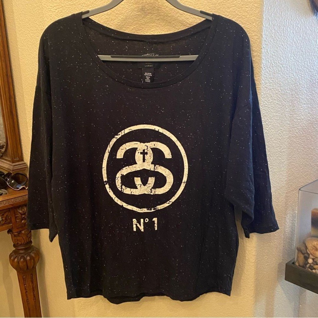 NWT~STUSSY Women Black Graphic No. 1 Dolman 3/4 Sleeve Tee Size Large