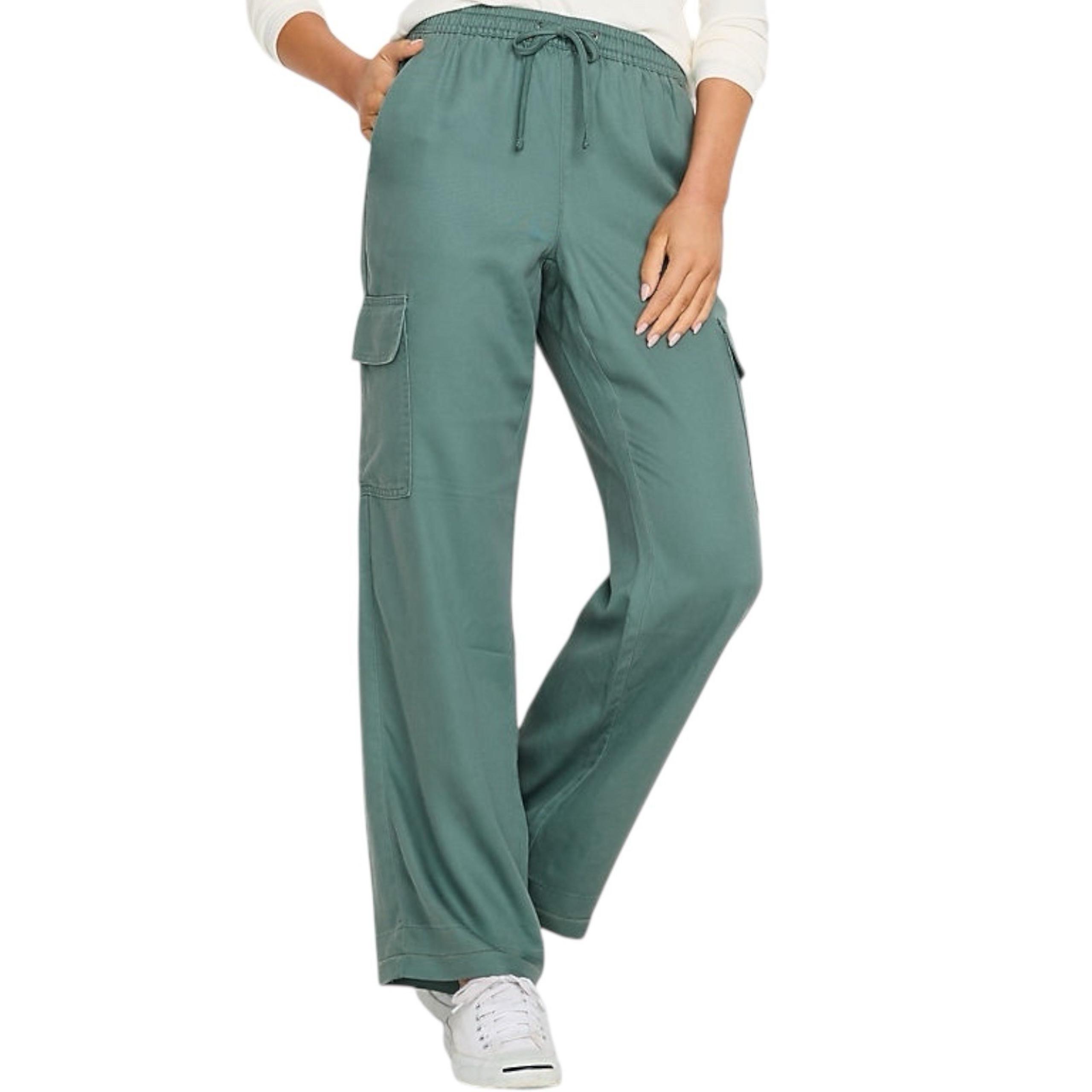 Lands End Women's High Rise TENCEL Fiber Drapey Wide Leg Cargo Pants SZ 18 Green