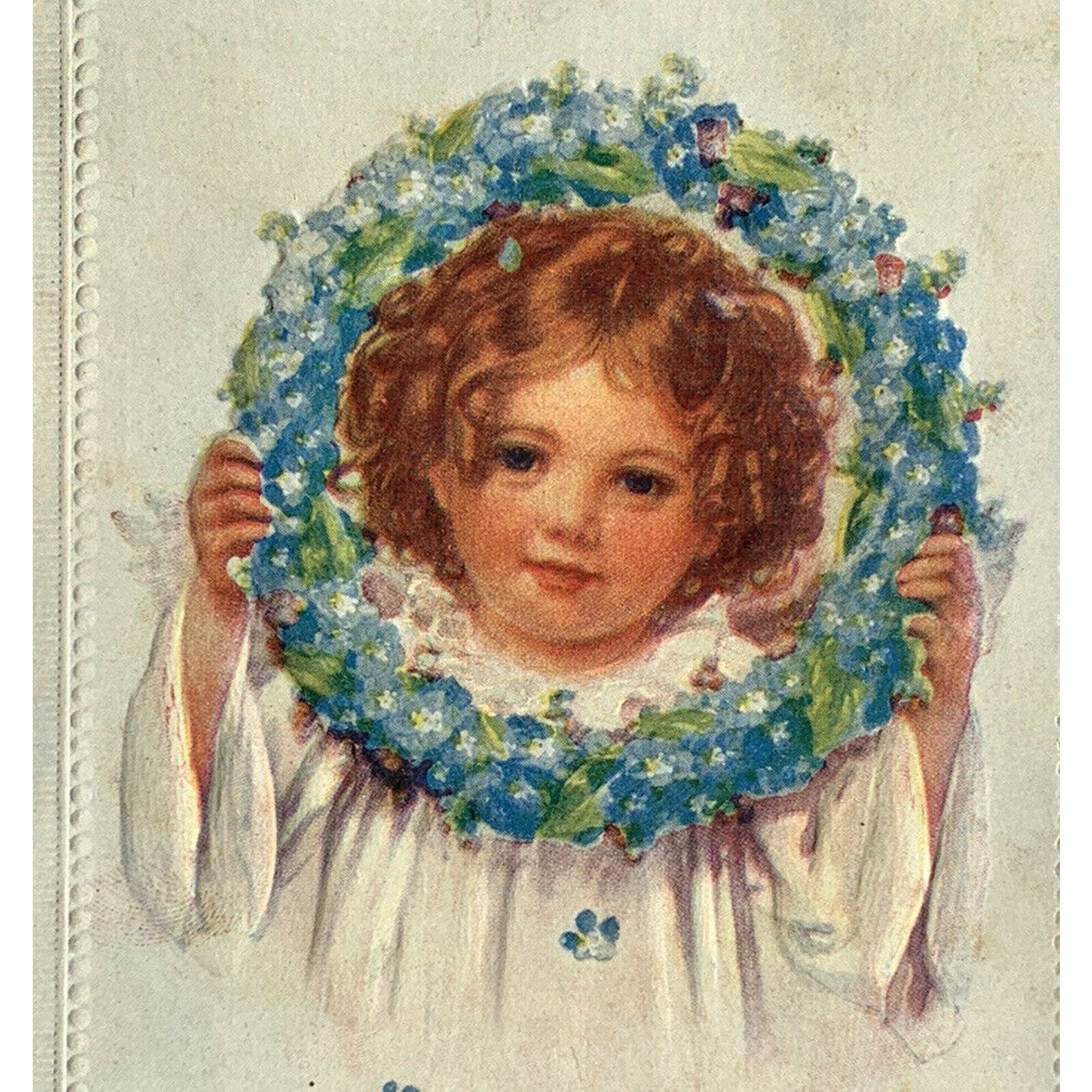 Antique 1910s Ephemera Easter Card Baby Angel Wreath Embossed Used But Unposted