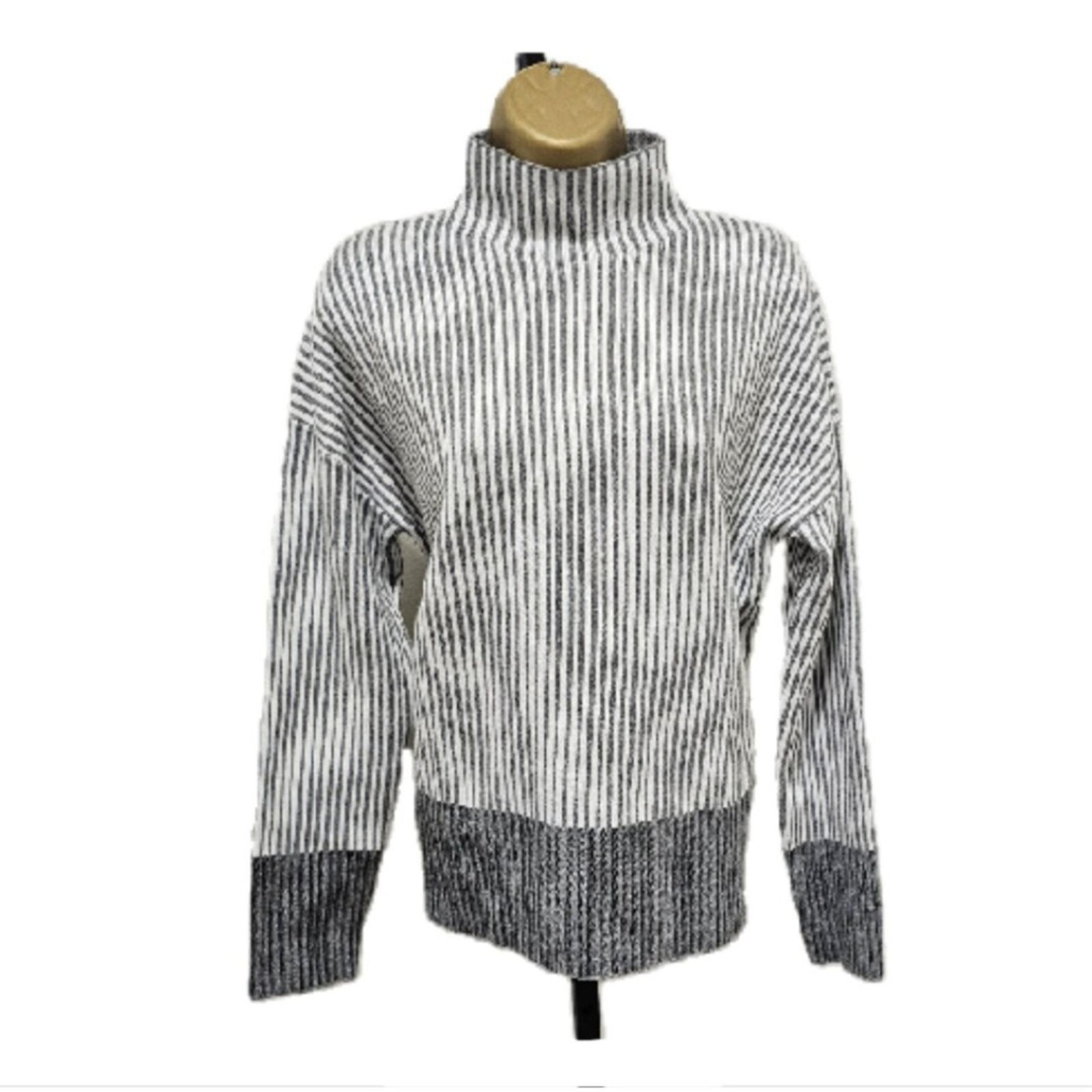 Sweater Womens Med Gray White Stripe Warm Cozy Preppy Neutral Stretch - Rachel Zoe