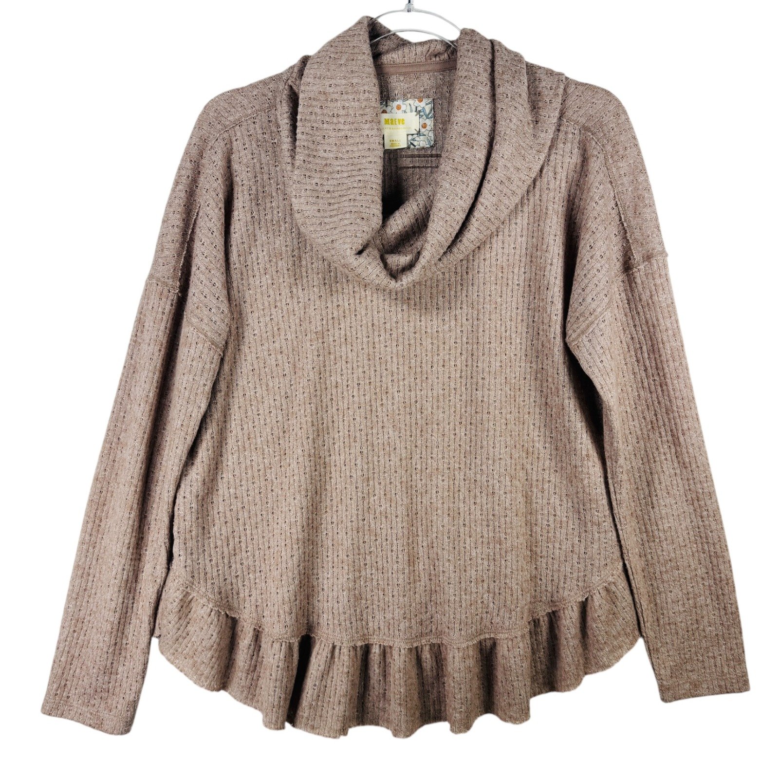 Maeve Anthropologie Cowl Neck Ruffle Hem Pullover Sweater Top Small Waffle Knit