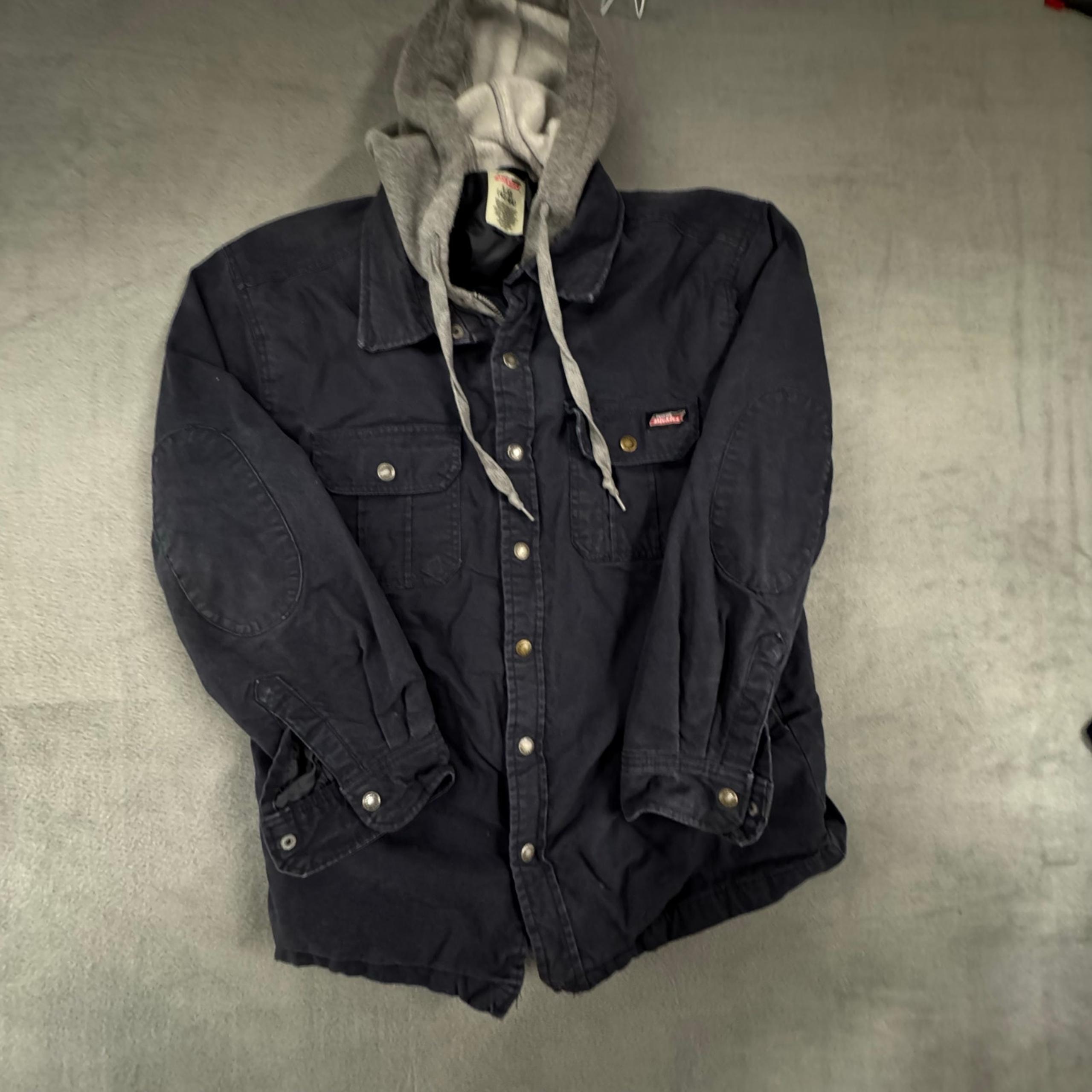 Dickies Jacket L Blue Snap Zip Up Hooded Pockets Lined Workwear Utility FLAW