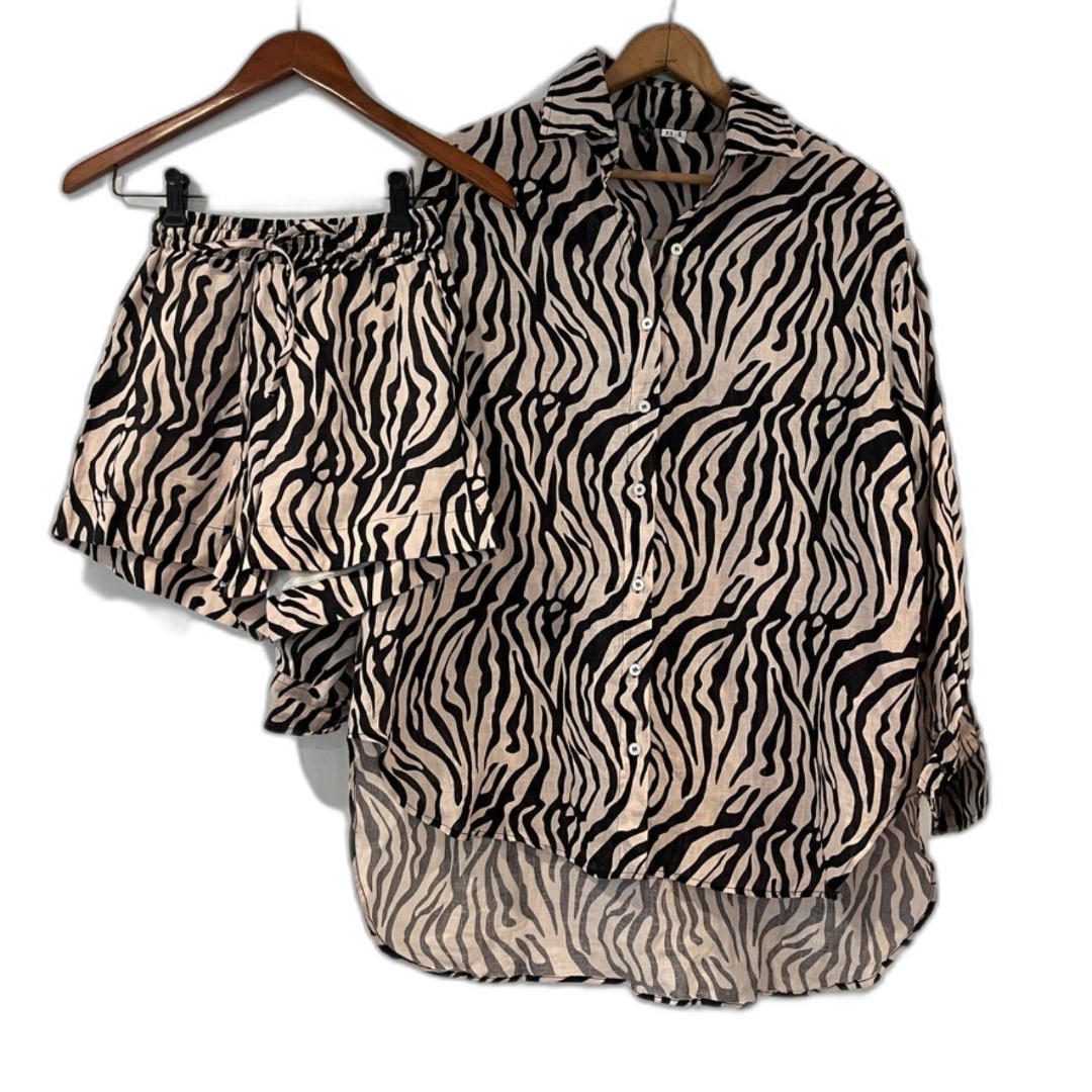 Chic Le Frique Linen Zebra Print Shorts Set XS/S Button Front NEW NWT
