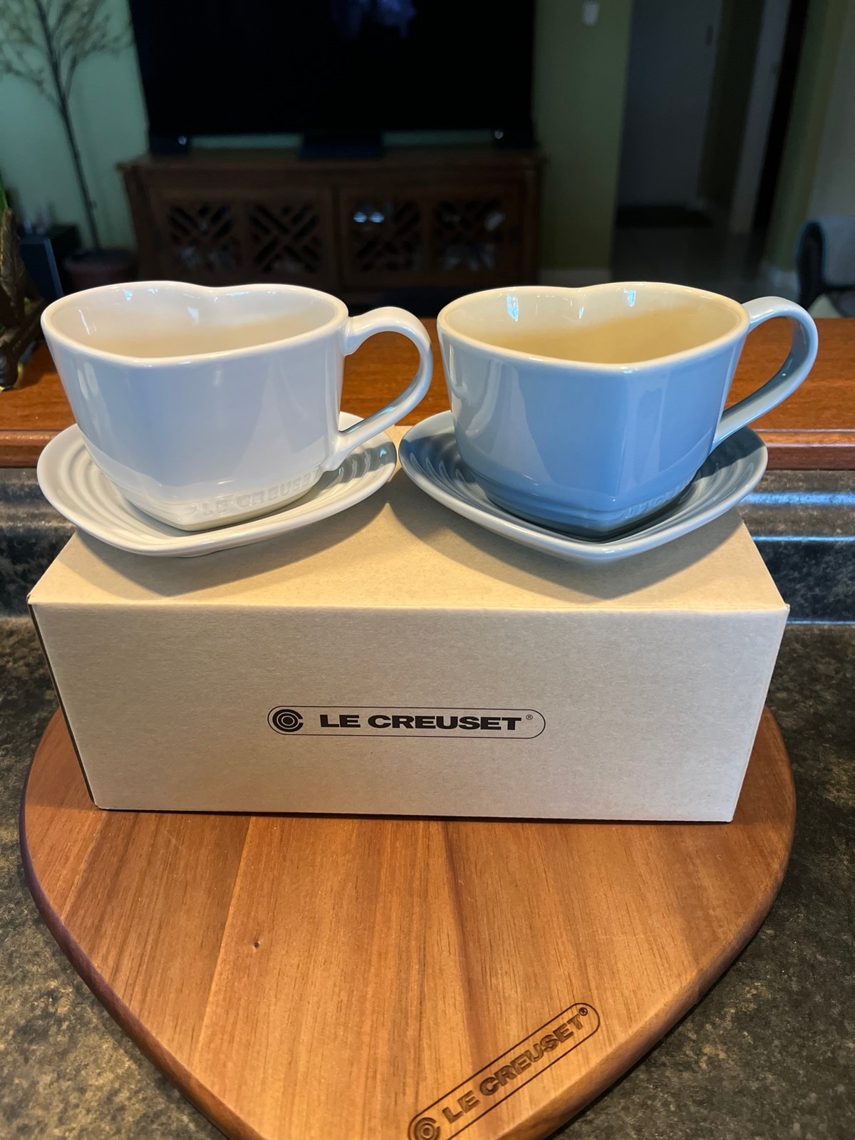 Le Creuset Heart Mug and Saucer Set (blue & white) with box