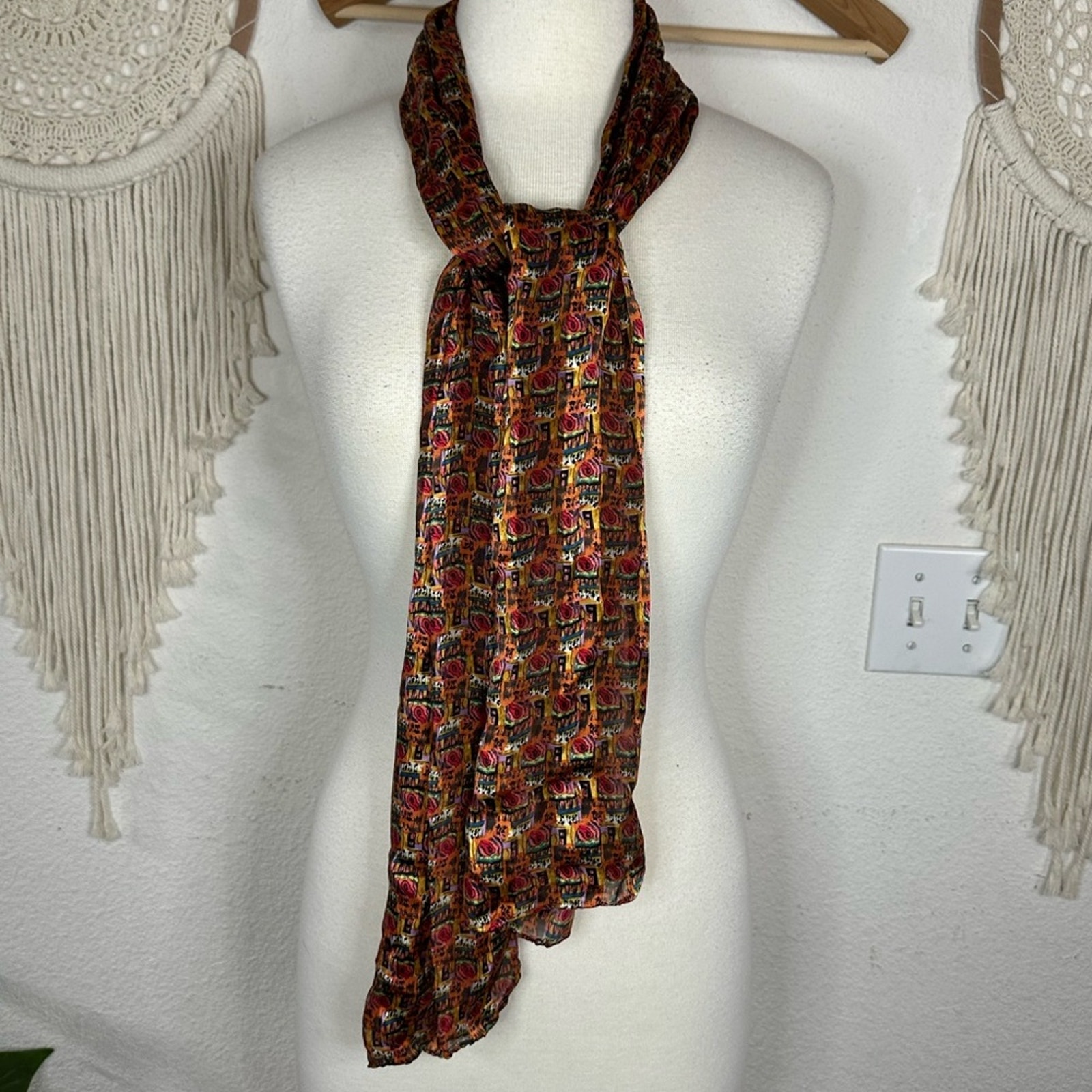 J. Garcia Red and Orange silk Scarf with Intricate Pattern