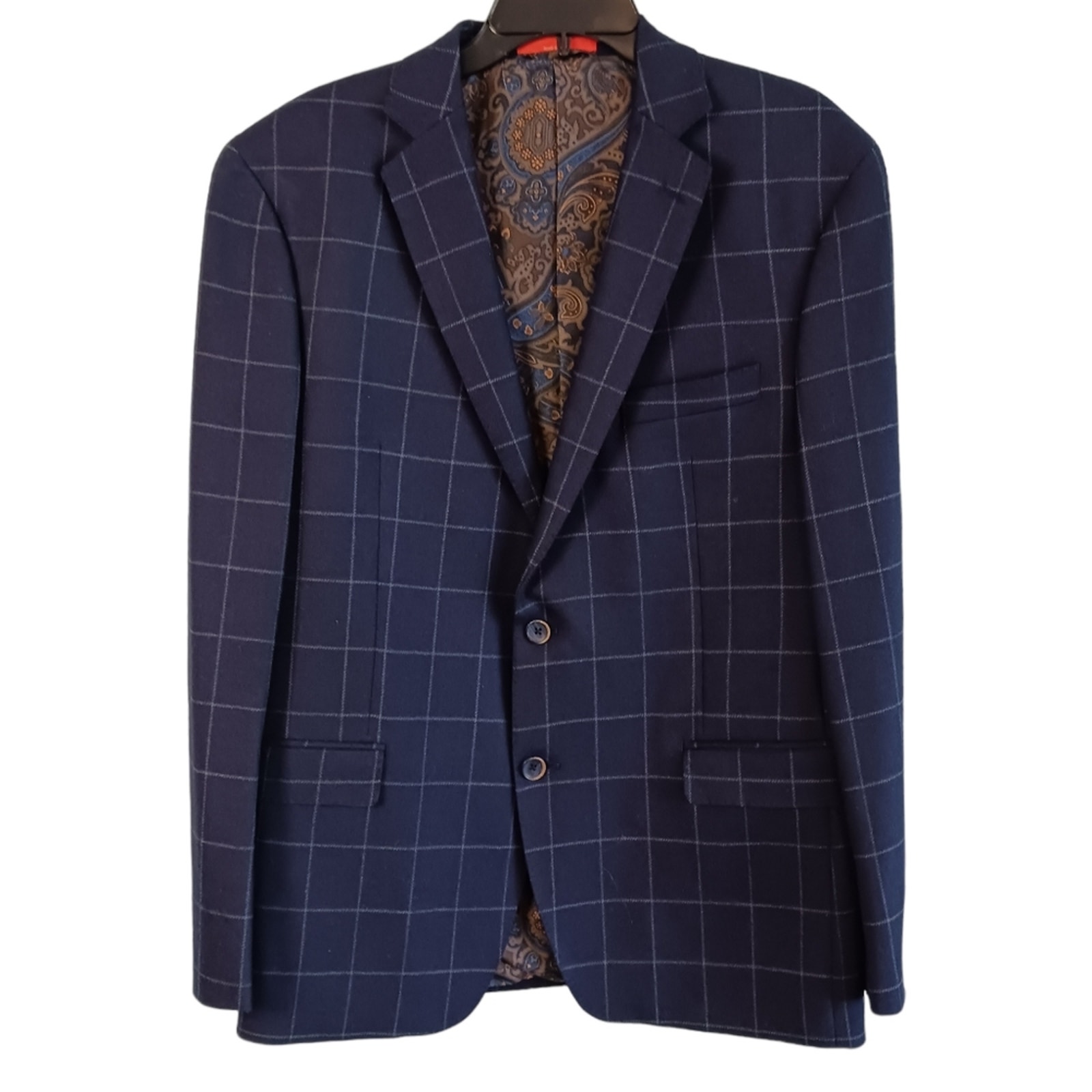 Tallia Mens Wool Coat Blazer Size Large Windowpane Plaid Navy Blue Pailey NWOT