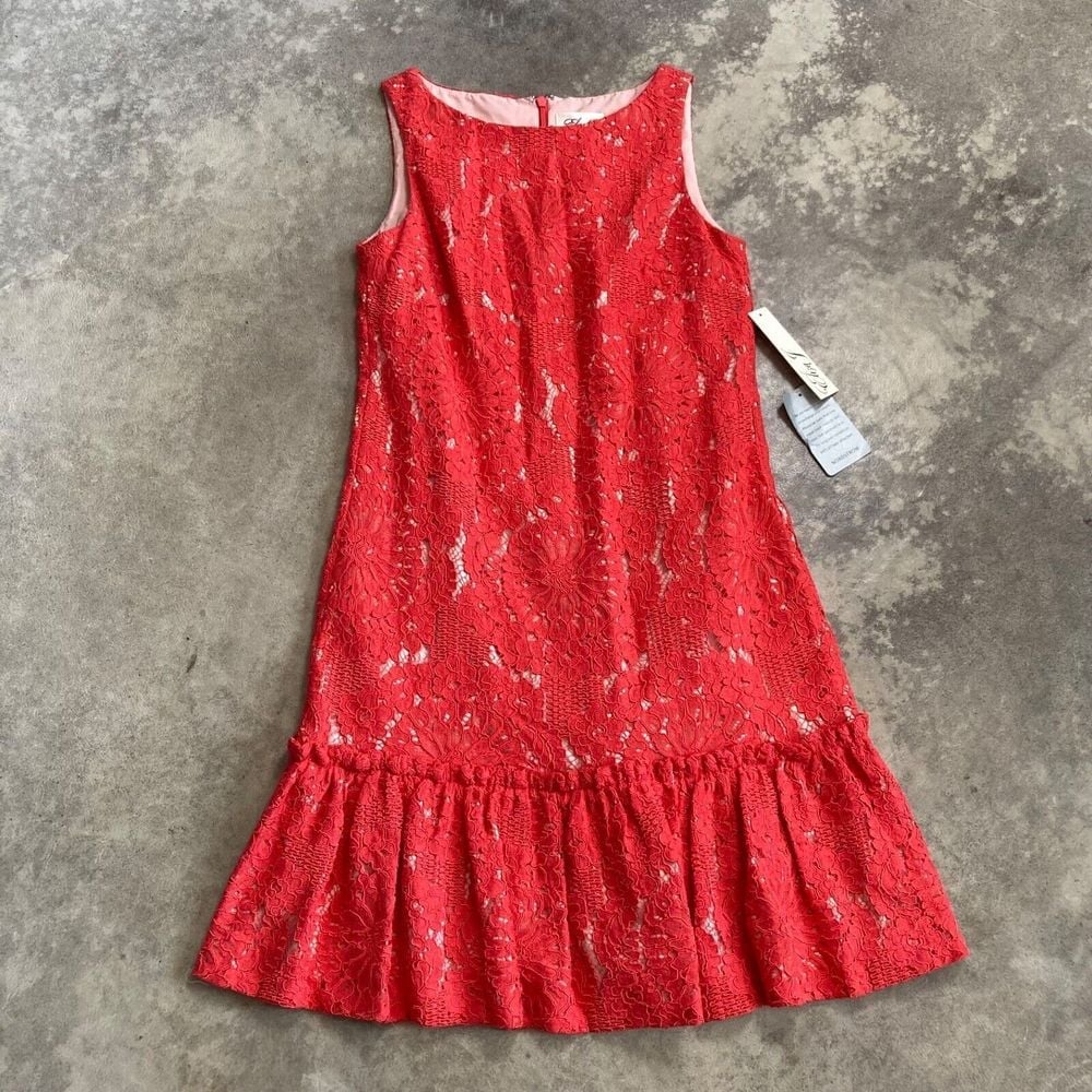 Eliza J Dress Womens Size 4 Coral Pink Lace Shift Sleeveless Tiered Hem Party