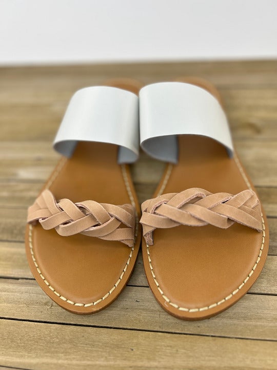 Sandals 9.5 SOLUDOS FLATS WHITE BROWN SLIP ON BRAID ANTHROPOLOGIE