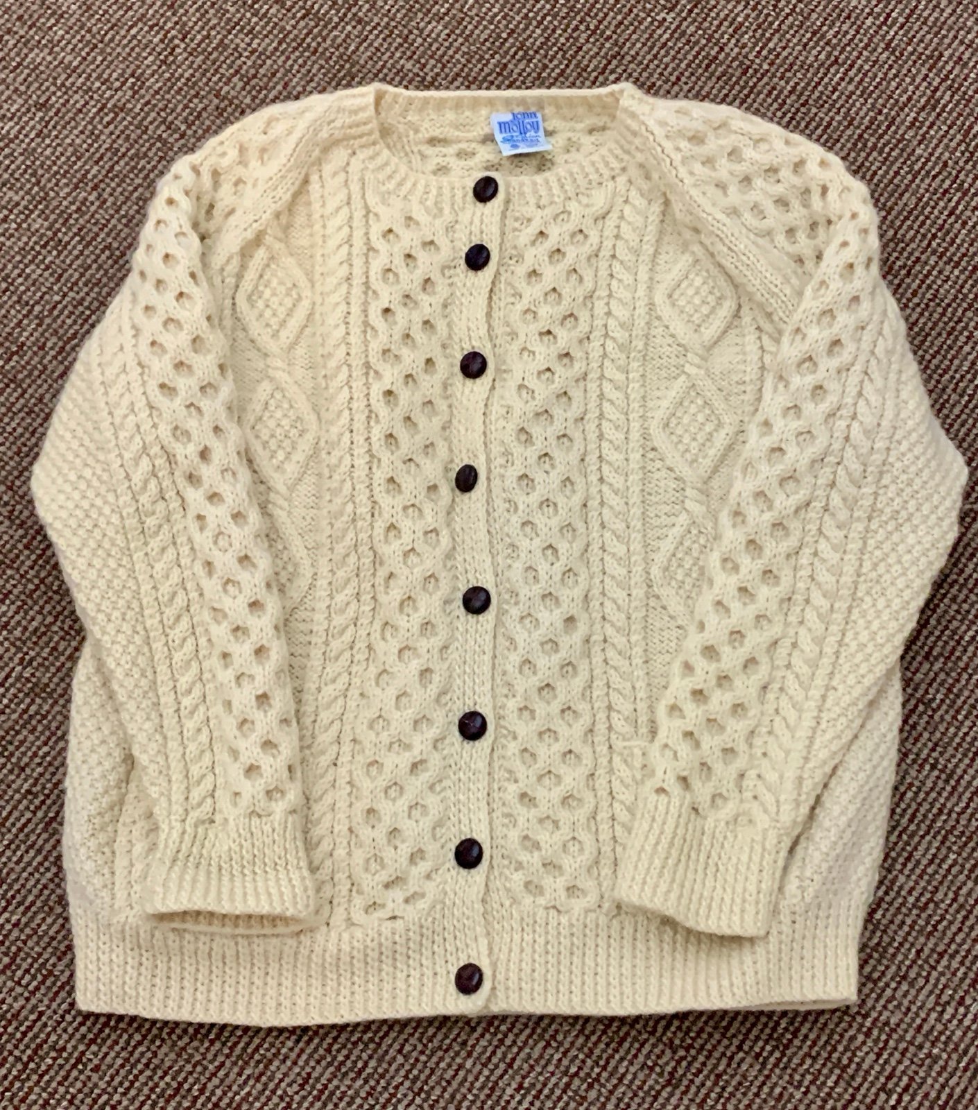 Vtg Men's Unisex L/XL Hand Knit 100% Wool Irish Fisherman's Cardigan Sweater