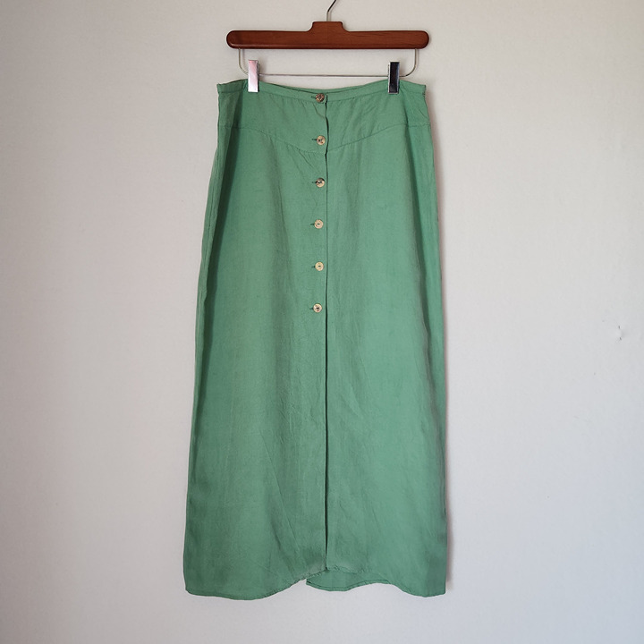 Citron Santa Monica Silk Linen Mother Pearl Button-Front A-Line Skirt Green Sz.S