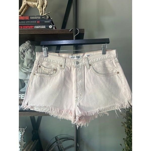 Re/Done x Levi's The Short Cut Off Denim Shorts Distressed Blush Pink Size 28
