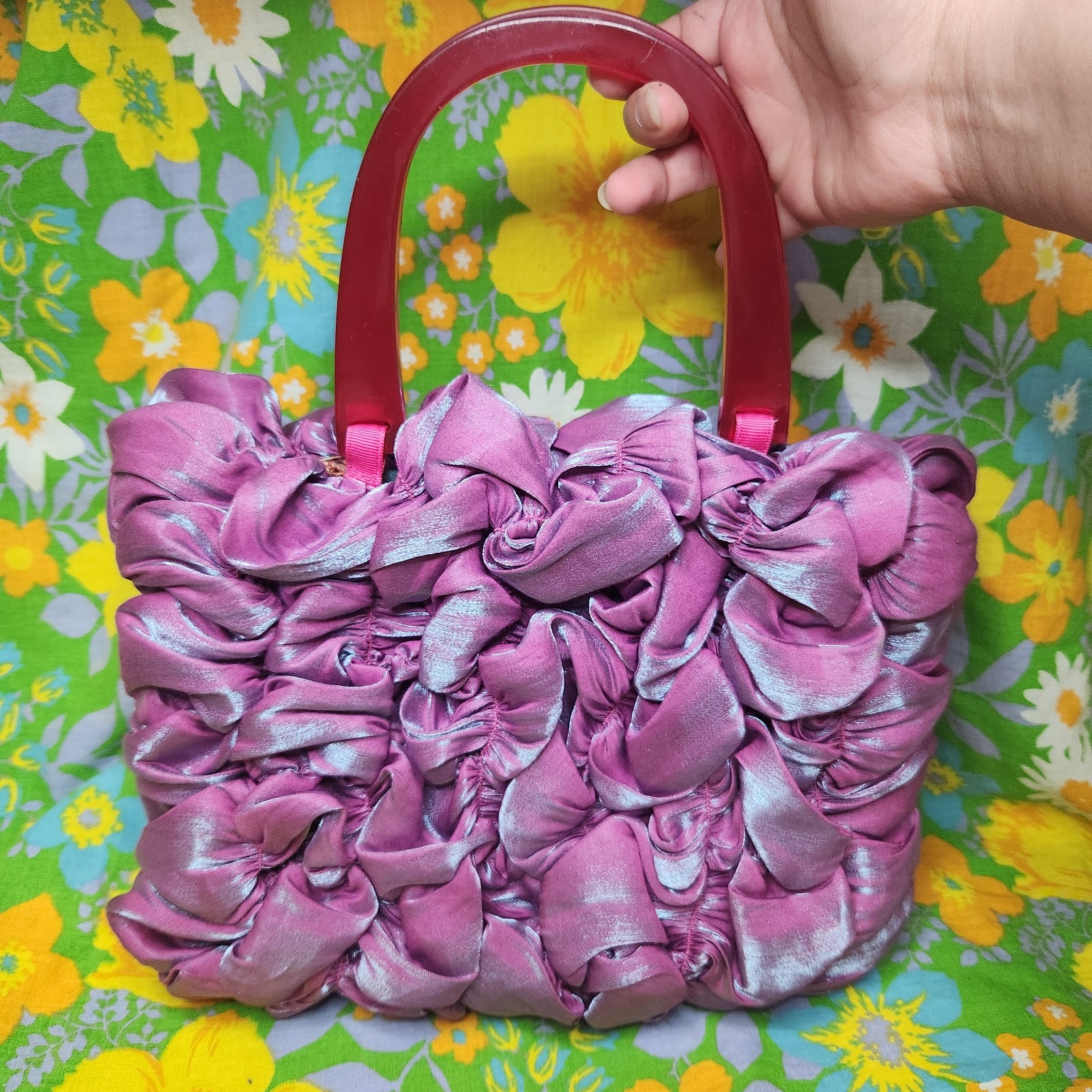 Y2K Sarah Larson Purple Ruffle Pink Acrylic Handle Boho Handbag