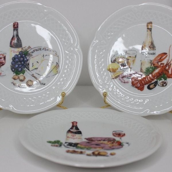 Vintage Philippe Deshoulieres Wine and Cheese Plates Set of 3 Made in France